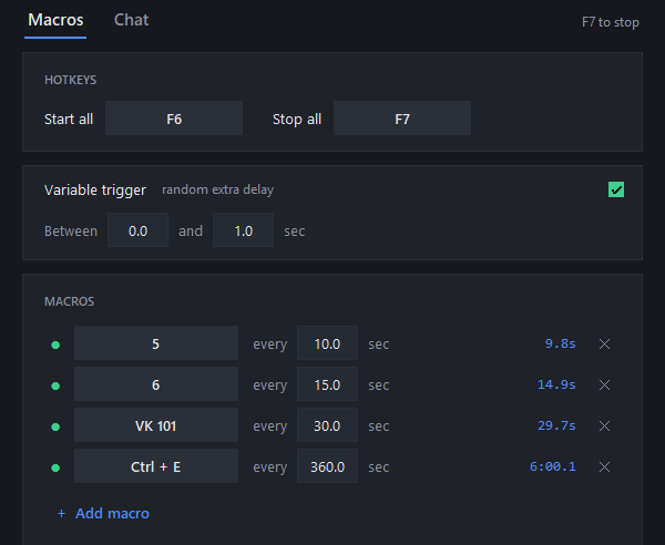 LazyTools Macro's Macros tab: F6 starts all, F7 stops all, and four keys run every 10, 15, 30 and 360 seconds.